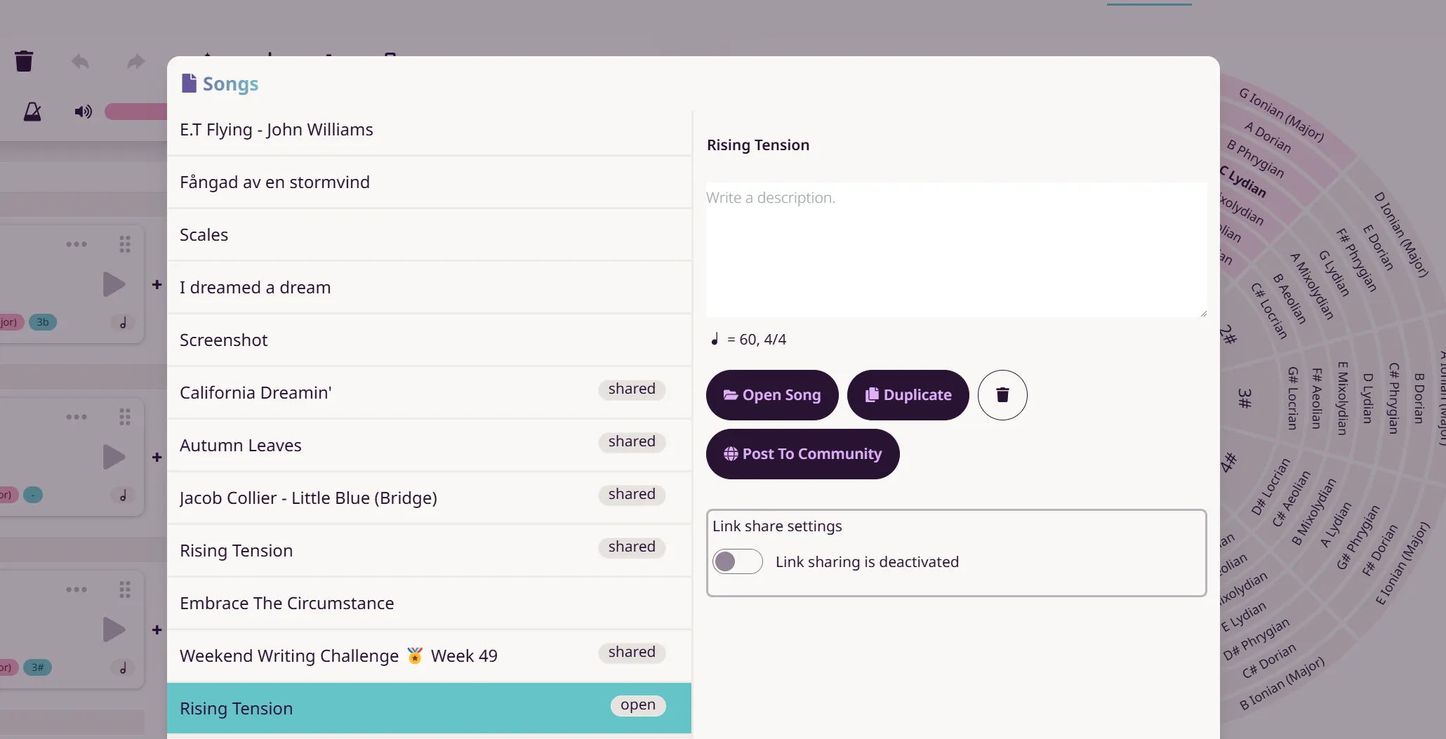 Songs popup