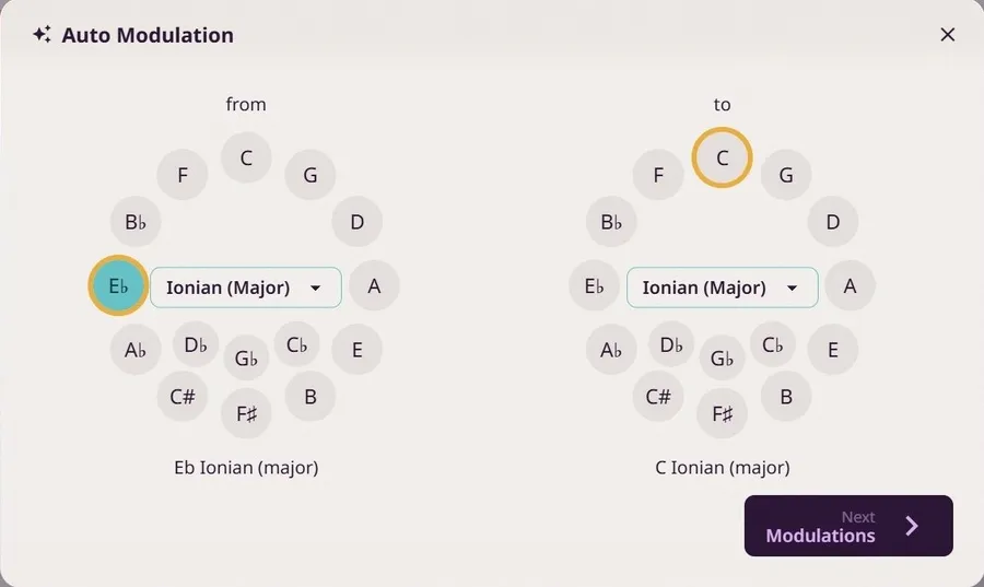 Choose keys to modulate between